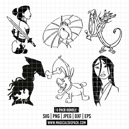 COD3475 - Mulan pack bundle line art, Disney princess clipart Svg, Png, Eps, Dxf, Jpeg, vector.