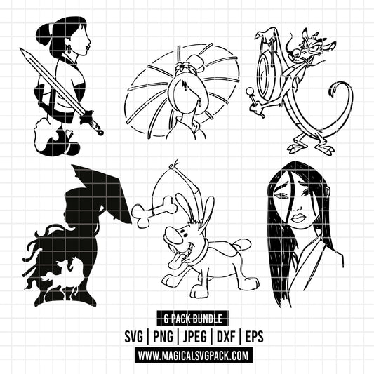 COD3475 - Mulan pack bundle line art, Disney princess clipart Svg, Png, Eps, Dxf, Jpeg, vector.
