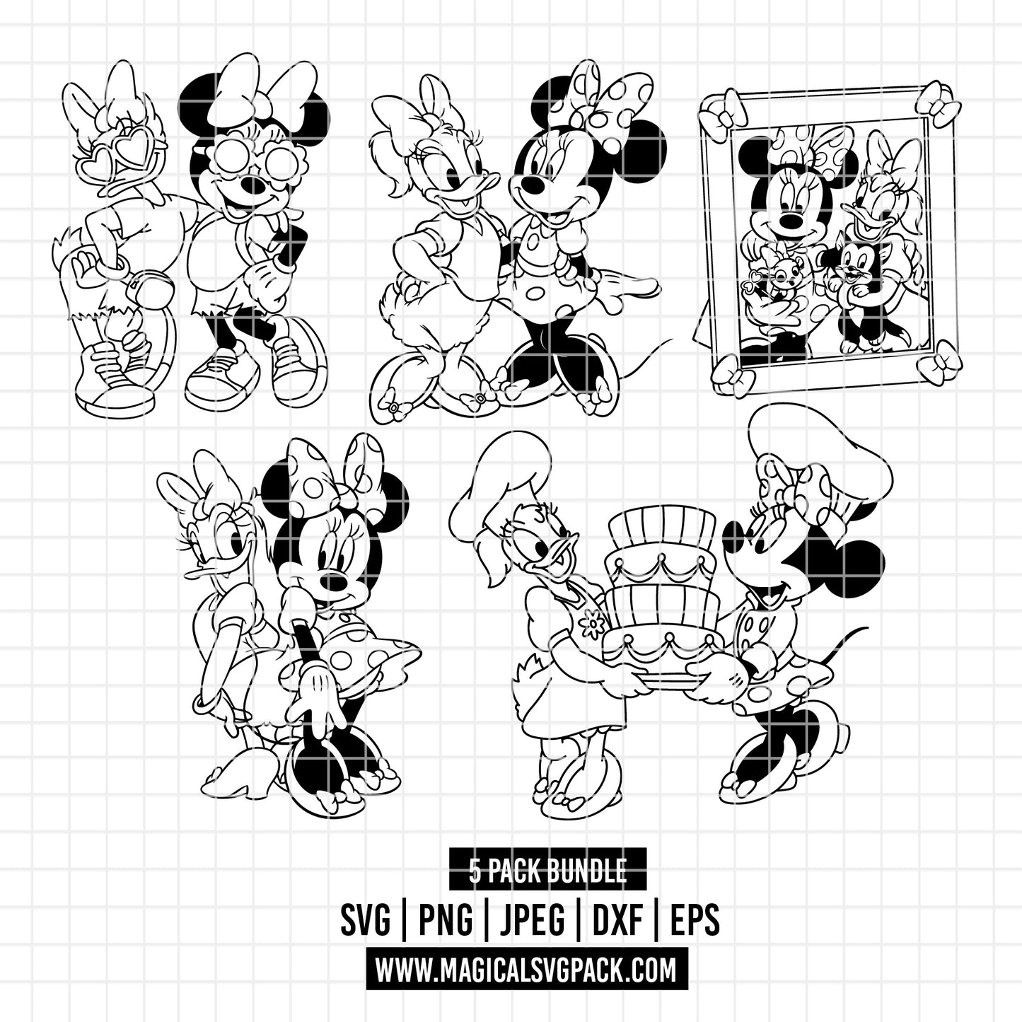 COD3487 - Minnie & Daisy pack bundle line art, Disney Classics clipart Svg, Png, Eps, Dxf, Jpeg, vector.