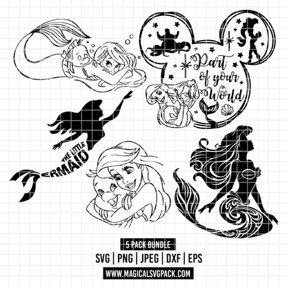 COD3502 - The Little mermaid pack bundle line art, Disney Princess Ariel Svg, Png, Eps, Dxf, Jpeg, vector.