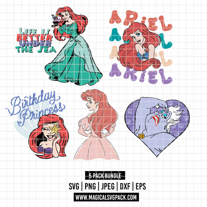 COD3503 - The Little mermaid pack bundle, Disney Princess Ariel Svg, Png, Eps, Dxf, Jpeg, vector.