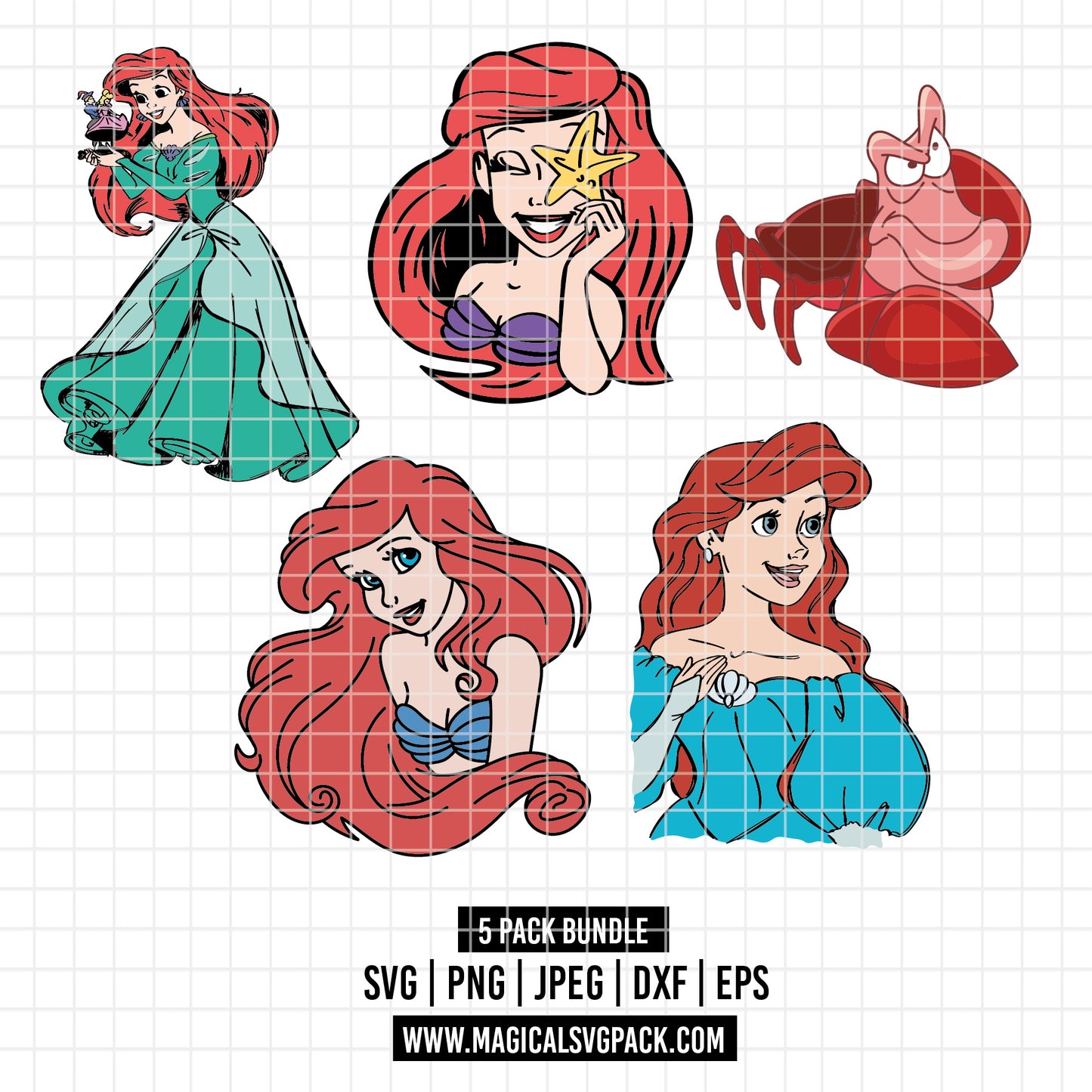 COD3504 - The Little mermaid pack bundle, Disney Princess Ariel Svg, Png, Eps, Dxf, Jpeg, vector.