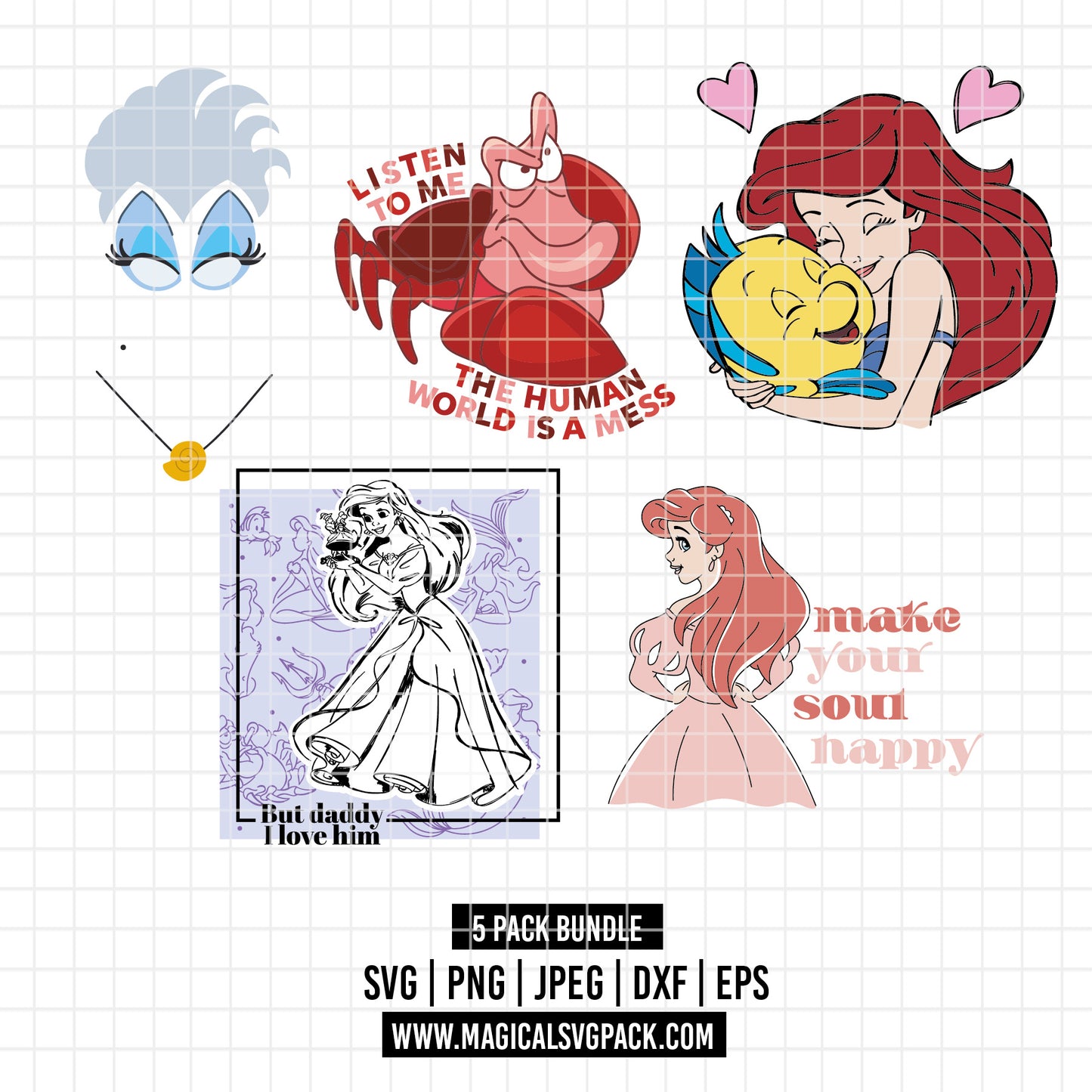 COD3505 - The Little mermaid pack bundle, Disney Princess Ariel Svg, Png, Eps, Dxf, Jpeg, vector.