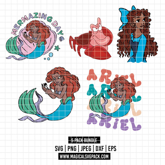 COD3506 - The Little mermaid pack bundle, Disney Princess Ariel Svg, Png, Eps, Dxf, Jpeg, vector.