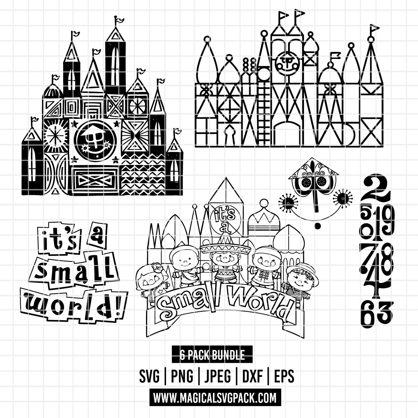 COD3507 - Disney Castle It's Small World pack bundle, Disneyland clipart Svg, Png, Eps, Dxf, Jpeg, vector.