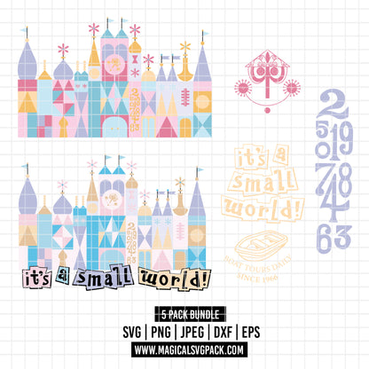 COD3508 - Disney Castle It's a Small World pack bundle, Disneyland clipart Svg, Png, Eps, Dxf, Jpeg, vector.