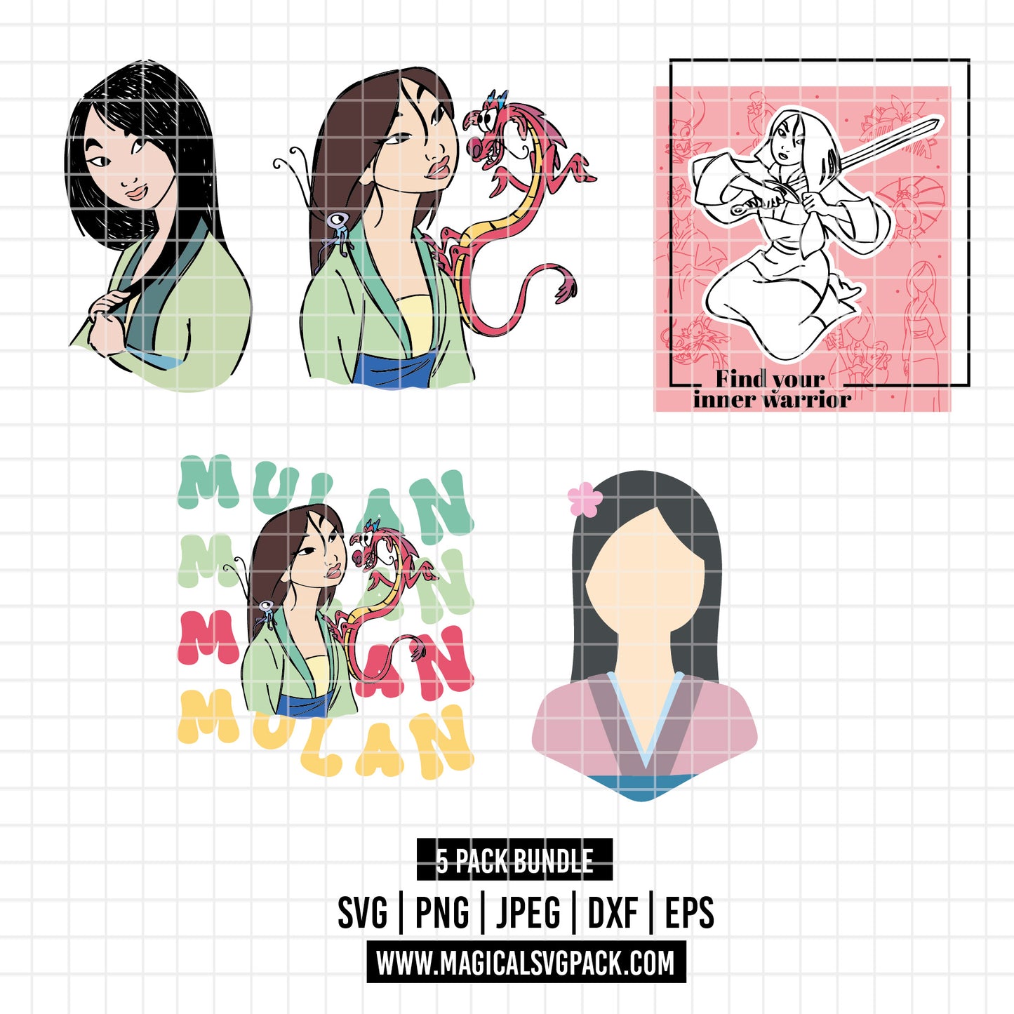 COD3518 - Mulan pack bundle, Disney princess clipart Svg, Png, Eps, Dxf, Jpeg, vector.