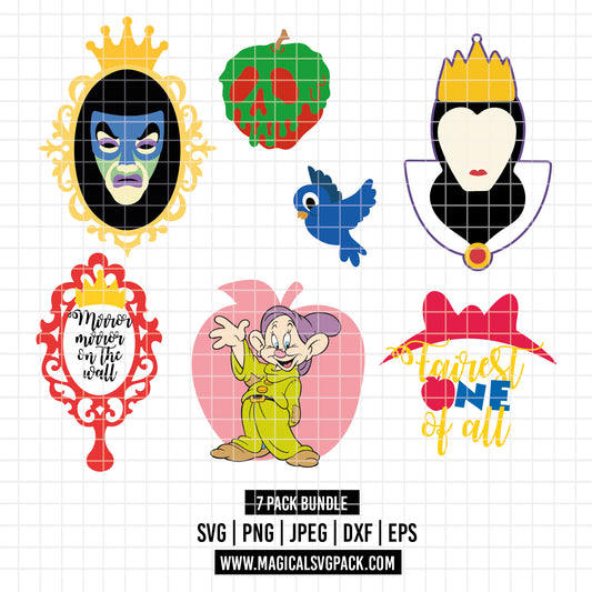 COD3526 - Snow White icons, quotes & characters pack bundle, Disney clipart Svg, Png, Eps, Dxf, Jpeg, vector.