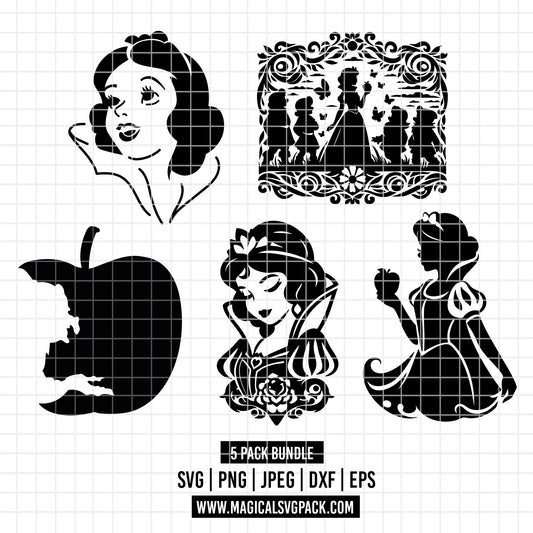 COD3532 - Snow White and the seven dwarfs silhouettes pack bundle, Disney clipart Svg, Png, Eps, Dxf, Jpeg, vector.