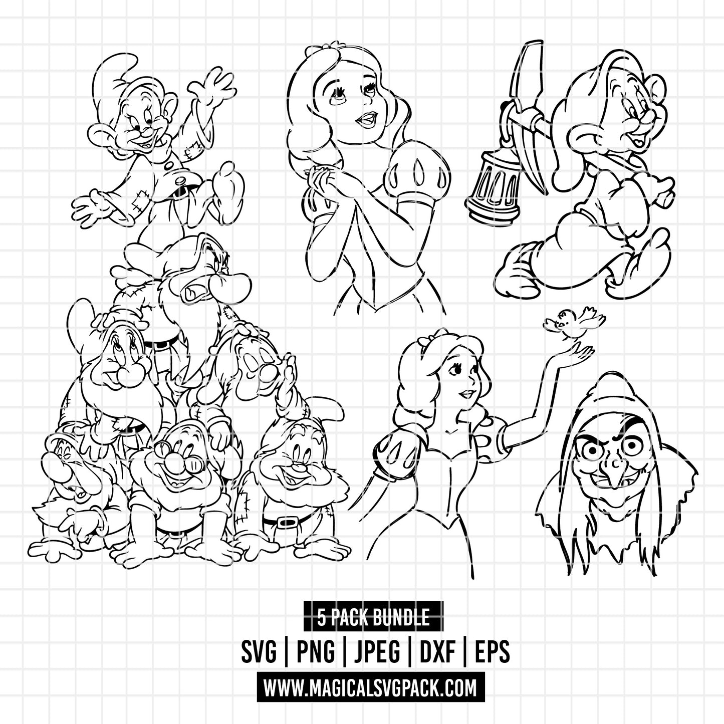 COD3537 - Snow White and the seven dwarfs pack bundle, Disney clipart Svg, Png, Eps, Dxf, Jpeg, vector.