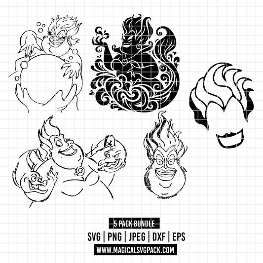 COD3562 - Ursula pack bundle line art, Disney villains clipart Svg, Png, Eps, Dxf, Jpeg, vector.