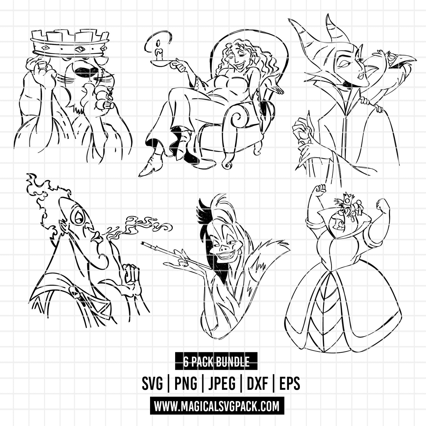 COD3566 - Disney Villains pack bundle line art, Disney villains clipart Svg, Png, Eps, Dxf, Jpeg, vector.