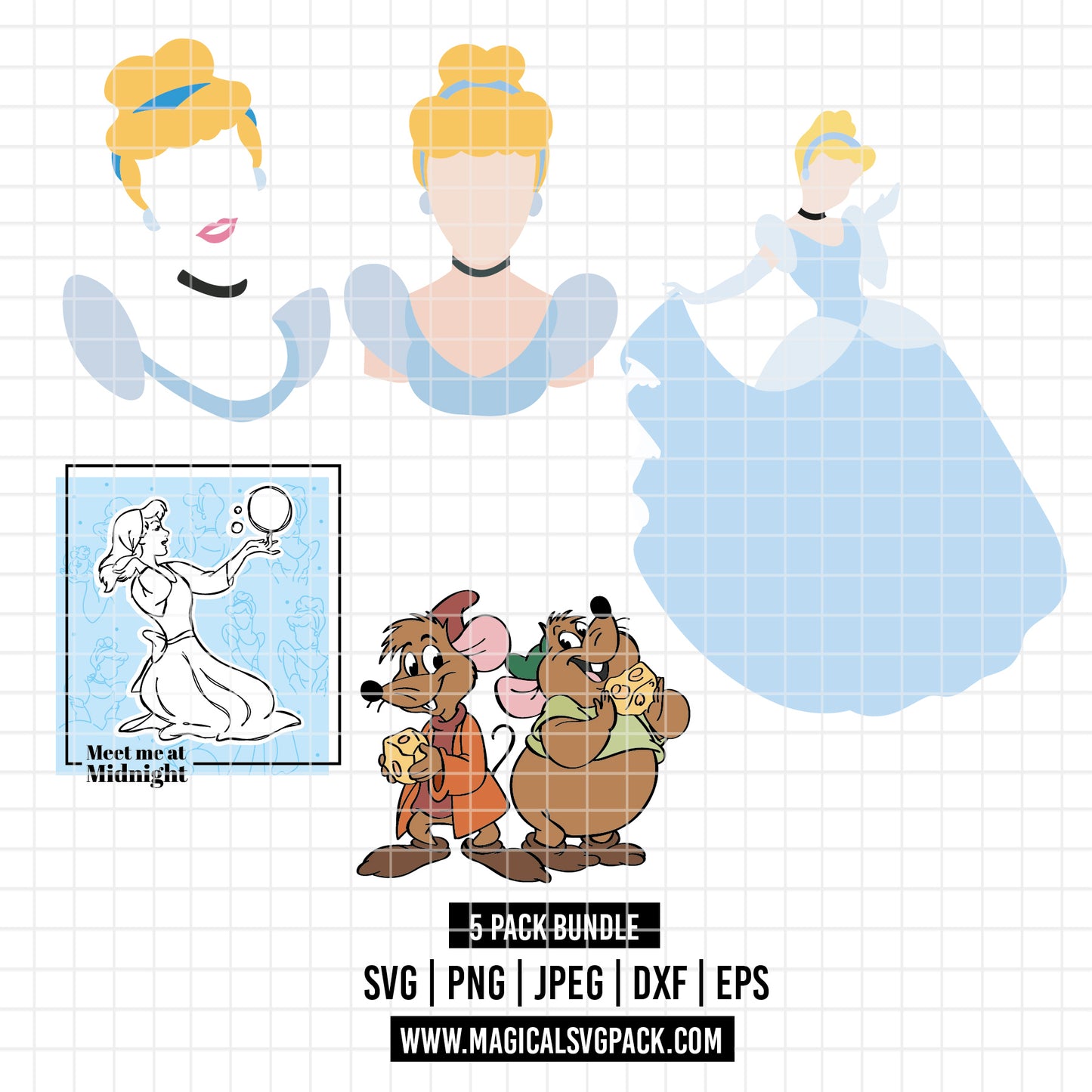 COD3721 - Cinderella silhouettes bundle, Disney princess clipart Svg, Png, Eps, Dxf, Jpeg, vector.