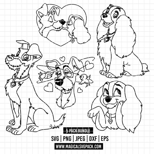 COD3723 - Lady and the Tramp pack bundle line art, Disney clipart Svg, Png, Eps, Dxf, Jpeg, vector.