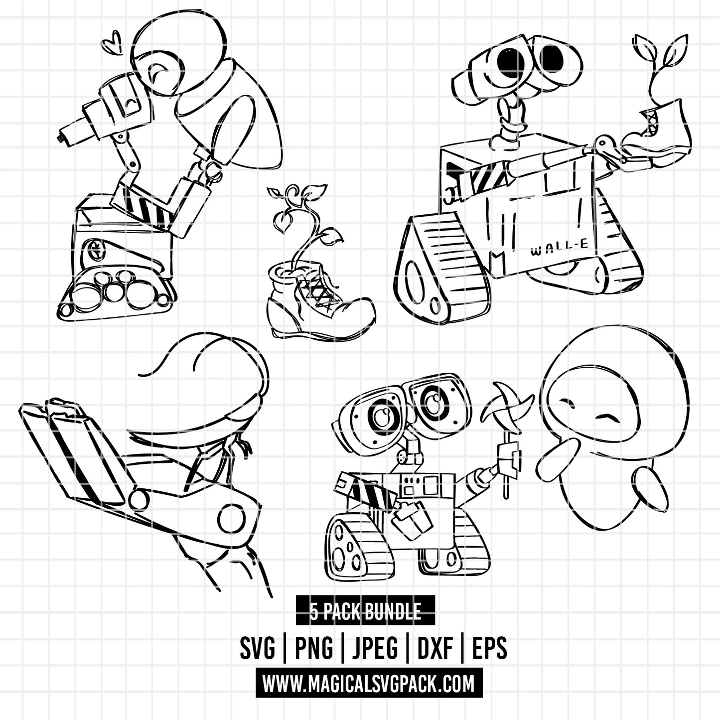 COD3729 - Wall-E pack bundle line art, Disney clipart Svg, Png, Eps, Dxf, Jpeg, vector.