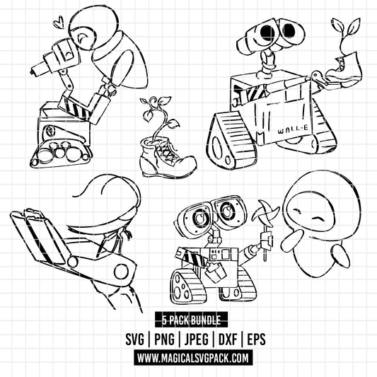 COD3729 - Wall-E pack bundle line art, Disney clipart Svg, Png, Eps, Dxf, Jpeg, vector.