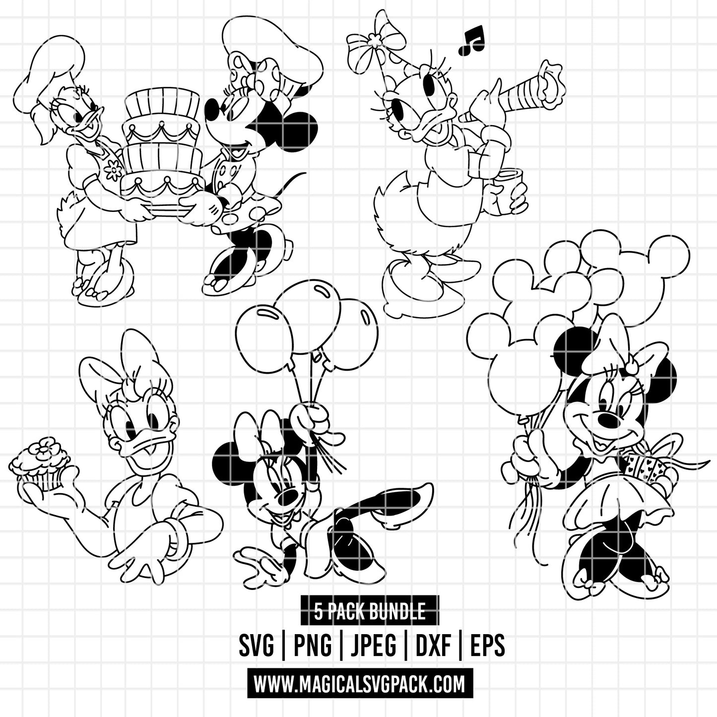 COD3858 - Minnie & Daisy pack bundle line art, Disney Classics clipart Svg, Png, Eps, Dxf, Jpeg, vector.