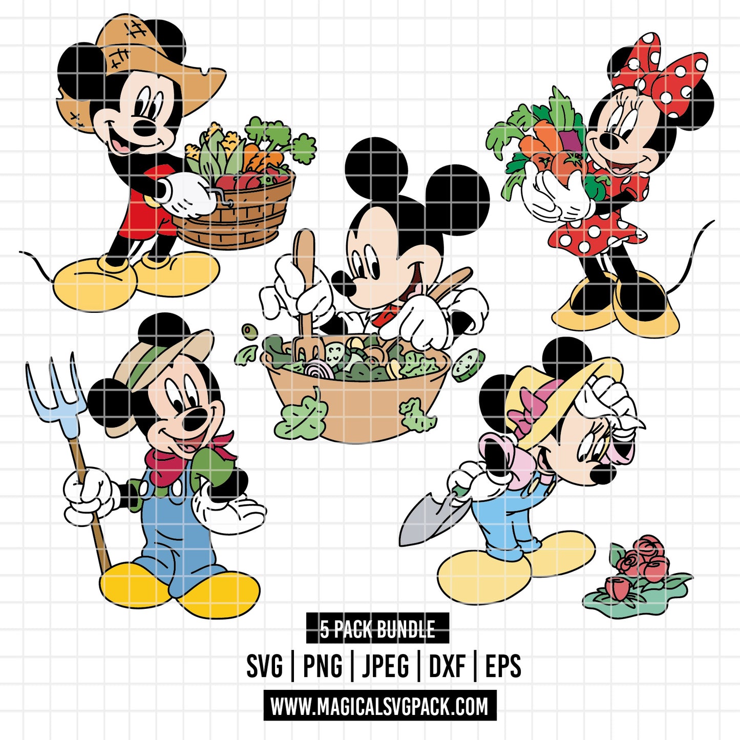 COD3867 - Mickey & Minnie gardeners pack bundle, Disney classics clipart Svg, Png, Eps, Dxf, Jpeg, vector.