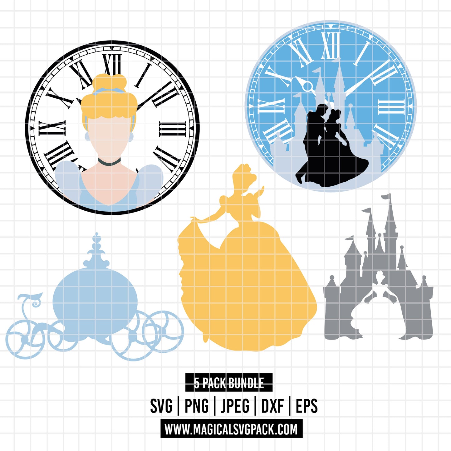 COD3880 - Cinderella silhouettes bundle, Disney princess clipart Svg, Png, Eps, Dxf, Jpeg, vector.
