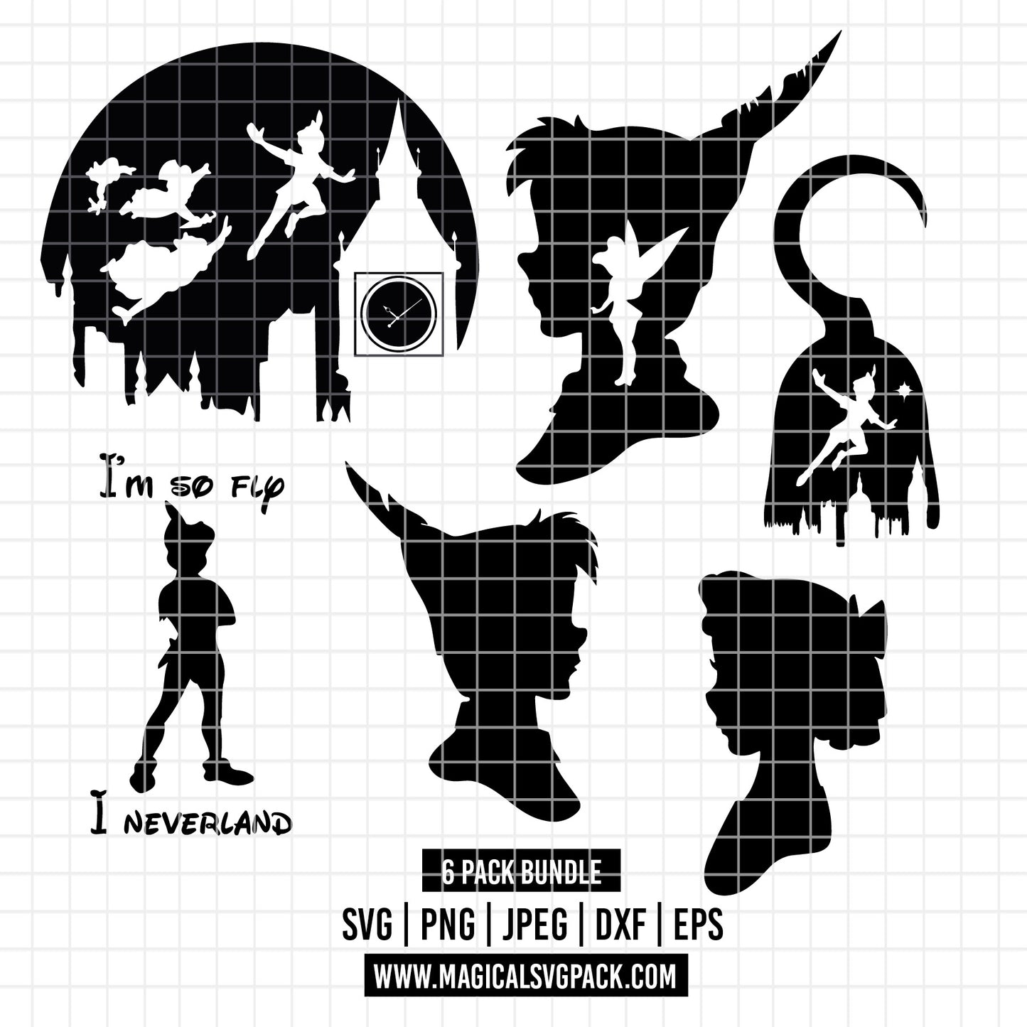 COD4095 - Peter pan silhouettes pack bundle, Disney clipart Svg, Png, Eps, Dxf, Jpeg, vector.