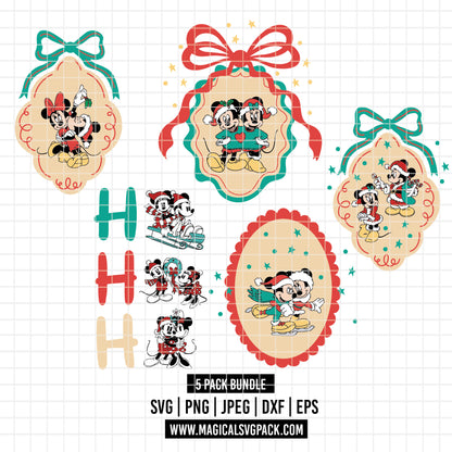 COD4195 - Mickey & Minnie in Christmas frames bundle, Disney Christmas clipart Svg, Png, Eps, Dxf, Jpeg, vector.