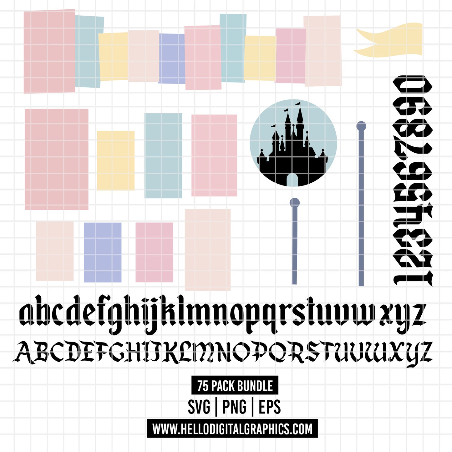 COD4210 - Customizable cute Disneyy alphabet pack bundle + Magic castle (75 PNG - 1 EPS - 1 SVG)