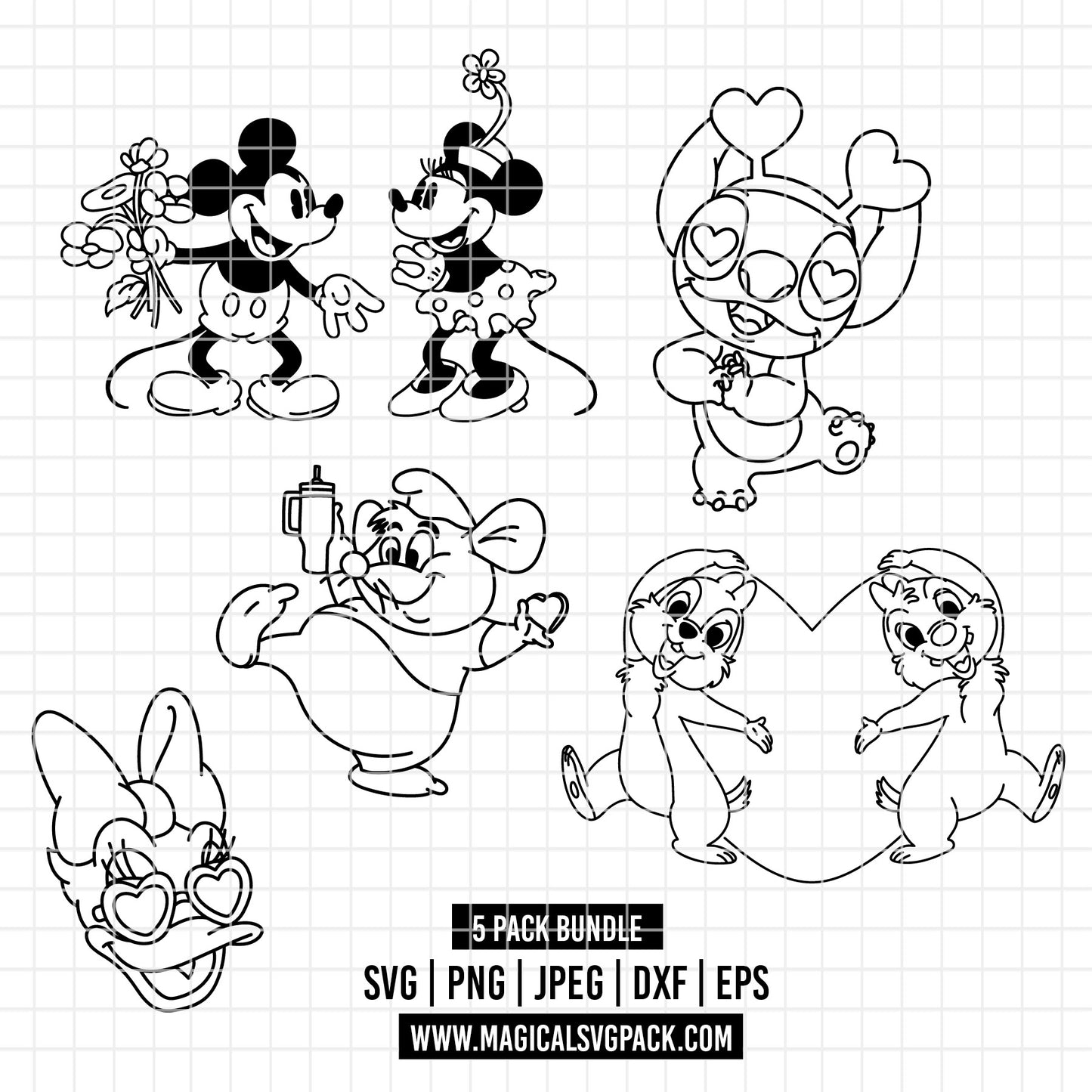 COD4319 - Disney Valentine's Day pack bundle line art, Disney lovings clipart Svg, Png, Eps, Dxf, Jpeg, vector.