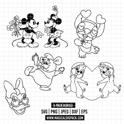 COD4319 - Disney Valentine's Day pack bundle line art, Disney lovings clipart Svg, Png, Eps, Dxf, Jpeg, vector.