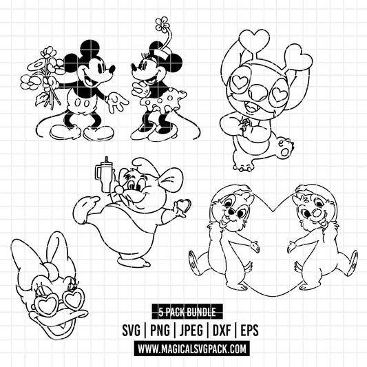 COD4319 - Disney Valentine's Day pack bundle line art, Disney lovings clipart Svg, Png, Eps, Dxf, Jpeg, vector.
