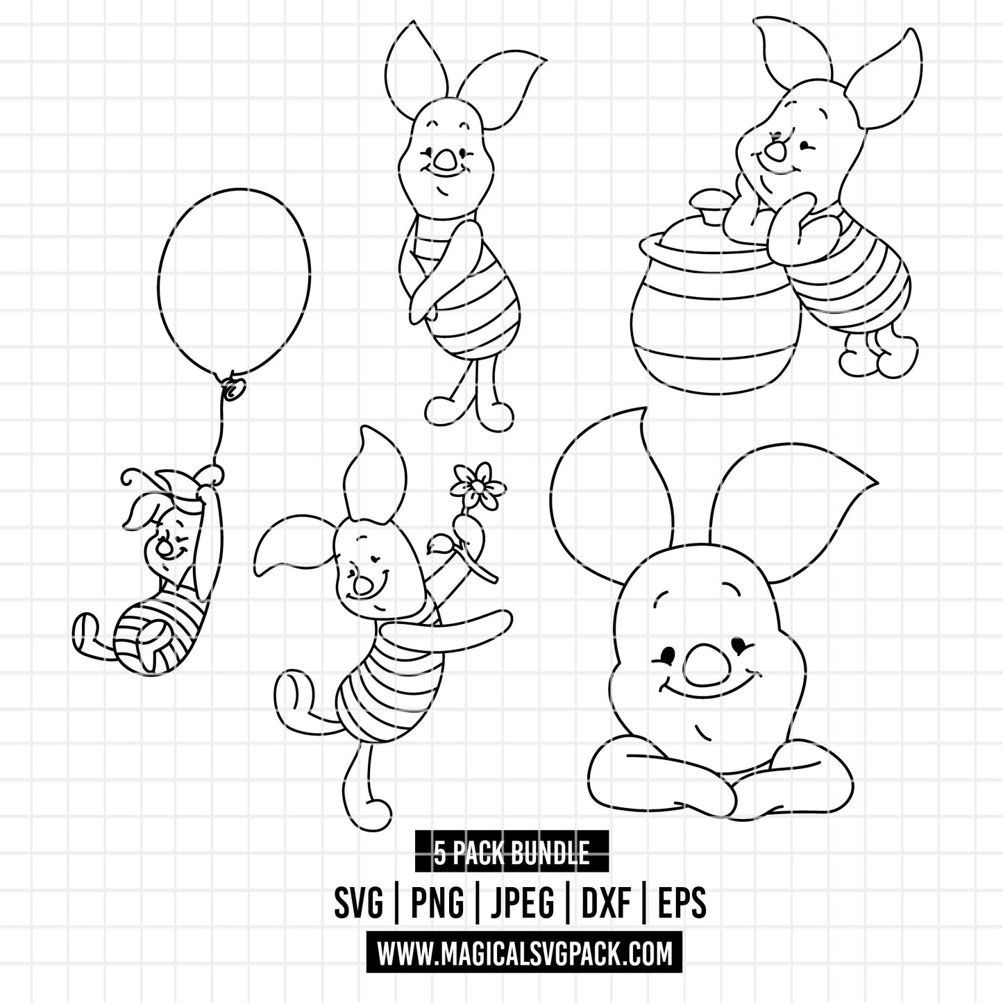 COD4503 - Piglet pack bundle line art, Disney clipart Svg, Png, Eps, Dxf, Jpeg, vector.