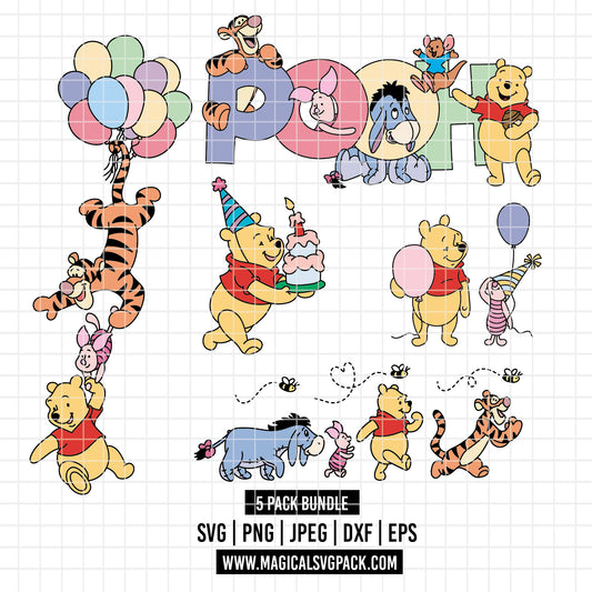 COD4506 - Winnie the Pooh and friends pack bundle, Disney Birthdays clipart Svg, Png, Eps, Dxf, Jpeg, vector.