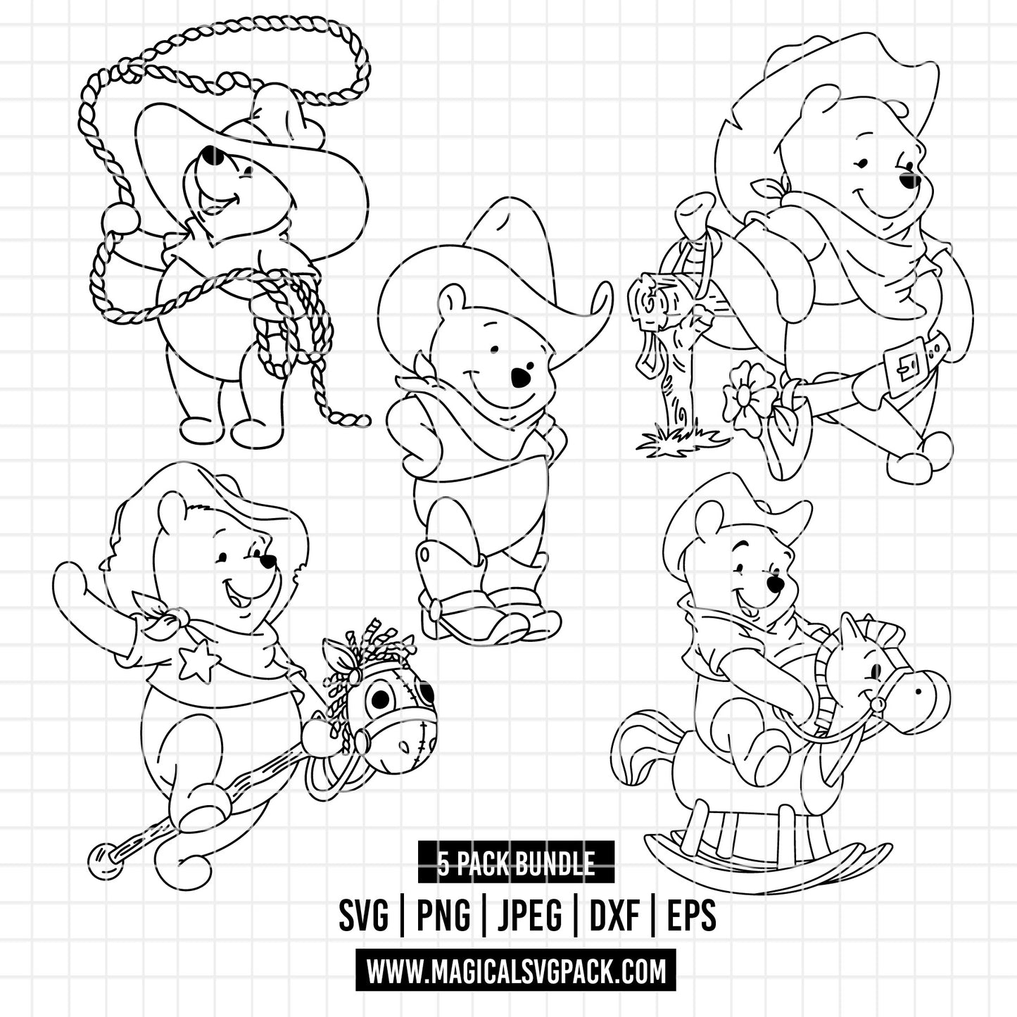 COD4516 - Winnie the Pooh Cowboy line art pack bundle, Disney clipart Svg, Png, Eps, Dxf, Jpeg, vector.