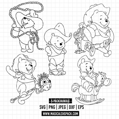 COD4516 - Winnie the Pooh Cowboy line art pack bundle, Disney clipart Svg, Png, Eps, Dxf, Jpeg, vector.