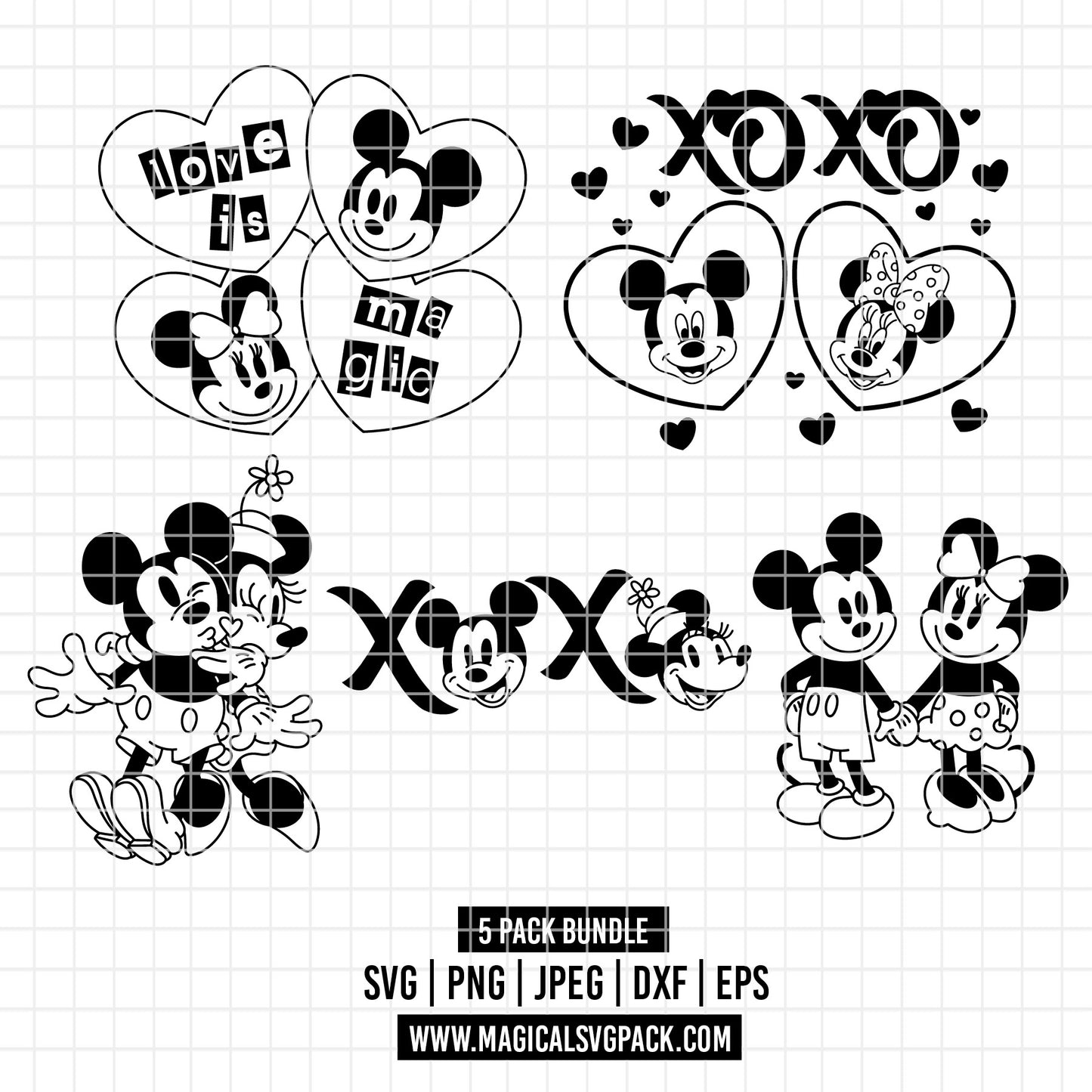 COD4527 - Mickey & Minnie loving pack bundle, Disney Valentine's day clipart Svg, Png, Eps, Dxf, Jpeg, vector.