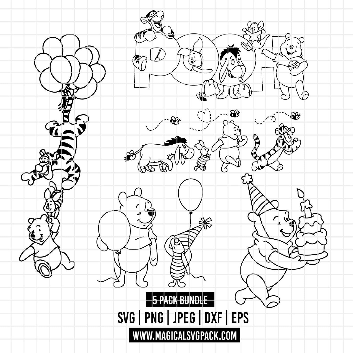 COD4531 - Winnie the Pooh and friends pack bundle, Disney Birthdays clipart Svg, Png, Eps, Dxf, Jpeg, vector.