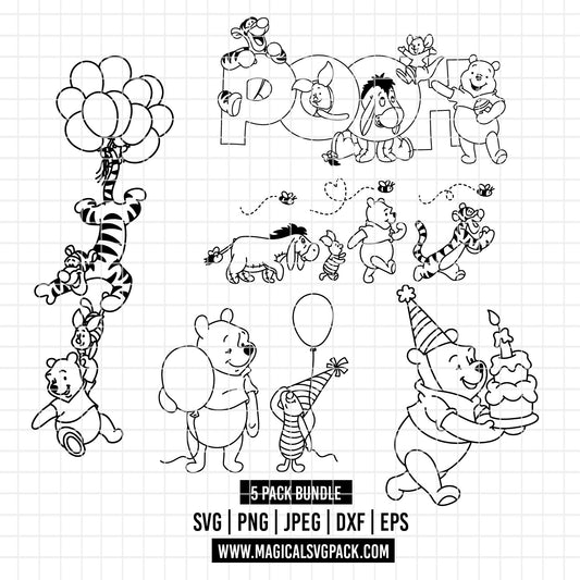 COD4531 - Winnie the Pooh and friends pack bundle, Disney Birthdays clipart Svg, Png, Eps, Dxf, Jpeg, vector.