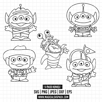 COD4864 - Toy Story Aliens pack bundle line art, Disney clipart Svg, Png, Eps, Dxf, Jpeg, vector.