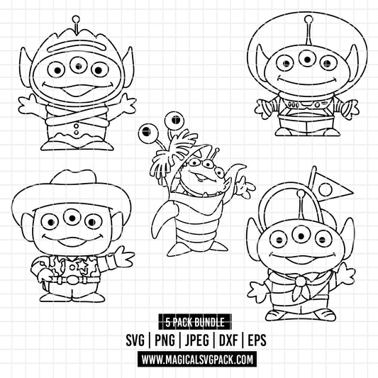 COD4864 - Toy Story Aliens pack bundle line art, Disney clipart Svg, Png, Eps, Dxf, Jpeg, vector.