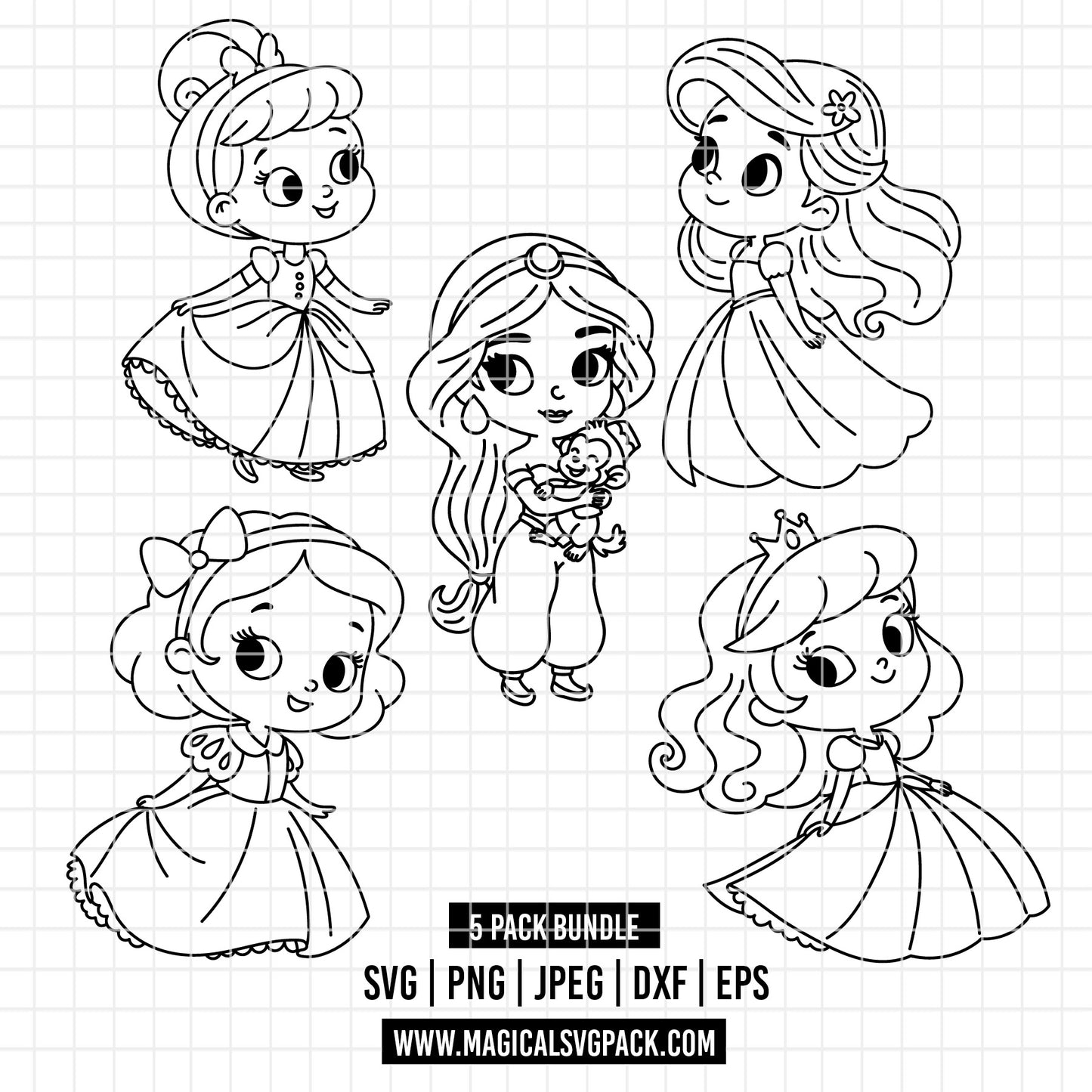 COD4866 - Disney littles princess pack bundle line art, Disney clipart Svg, Png, Eps, Dxf, Jpeg, vector.