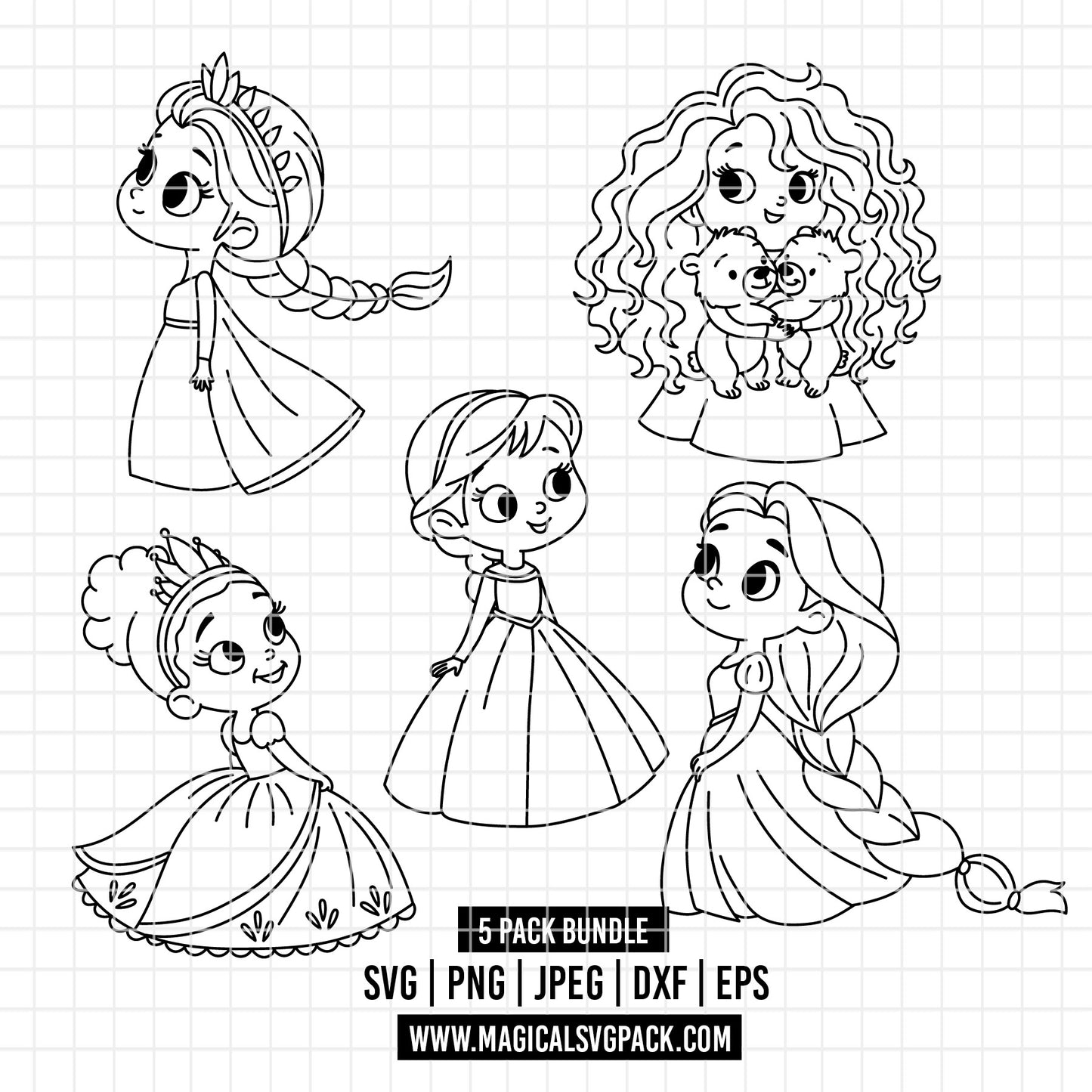 COD4884 - Disney littles princess pack bundle line art, Disney clipart Svg, Png, Eps, Dxf, Jpeg, vector.