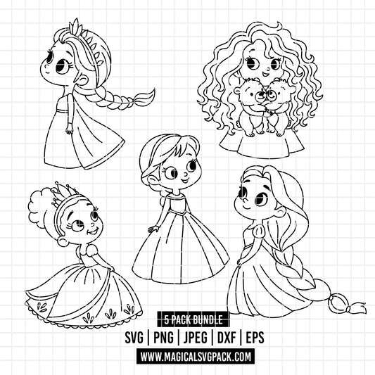 COD4884 - Disney littles princess pack bundle line art, Disney clipart Svg, Png, Eps, Dxf, Jpeg, vector.