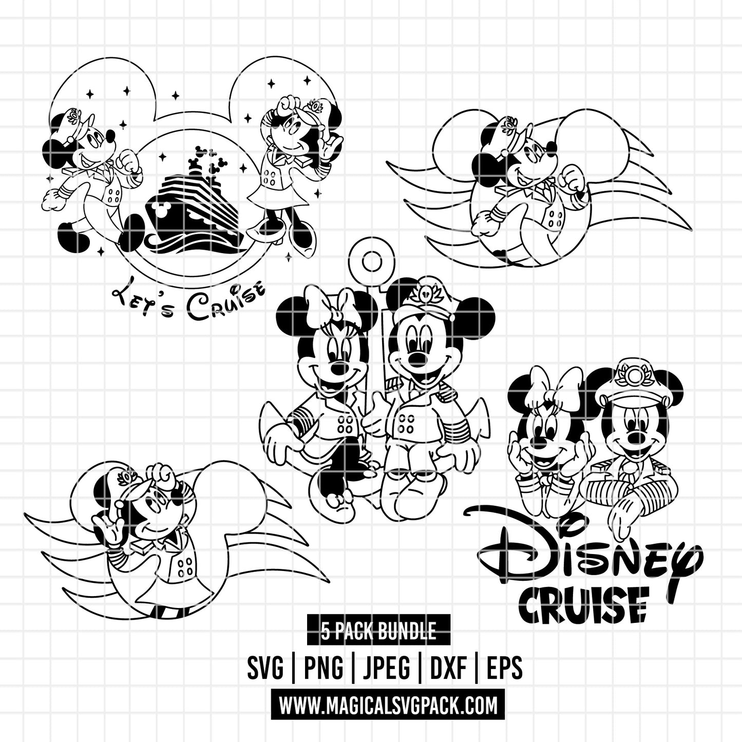 COD5177 - Disney cruise ship Mickey & Minnie line art pack bundle, Disney Cruise clipart Svg, Png, Eps, Dxf, Jpeg, vector.