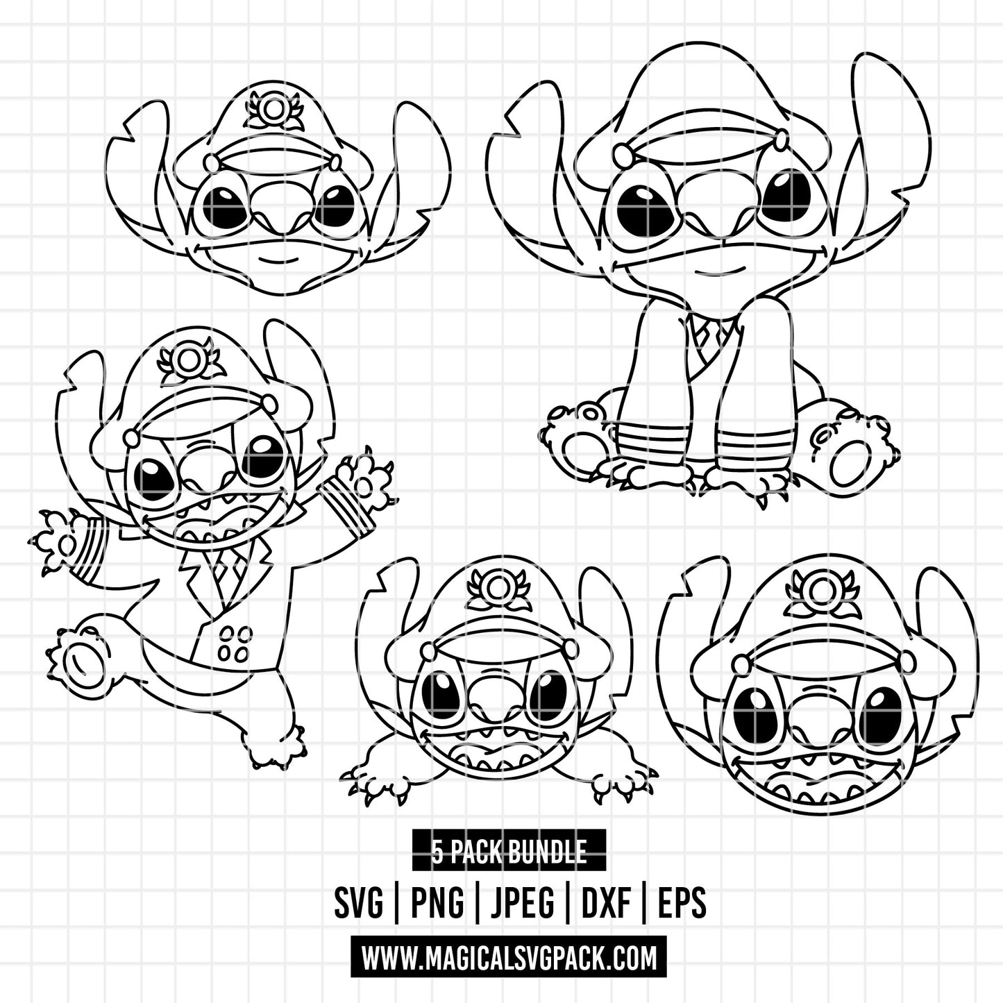 COD5185 - Stitch Cruise Squad line art clipart pack bundle, Disney cliparts Svg, Png, Eps, Dxf, Jpeg, vector.