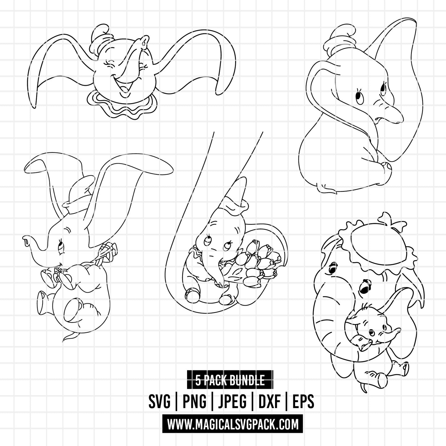 COD5189 - Dumbo line art pack bundle, Disney Classics clipart Svg, Png, Eps, Dxf, Jpeg, vector.
