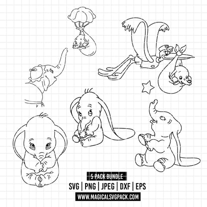 COD5191 - Baby Dumbo line art pack bundle, Disney Classics clipart Svg, Png, Eps, Dxf, Jpeg, vector.