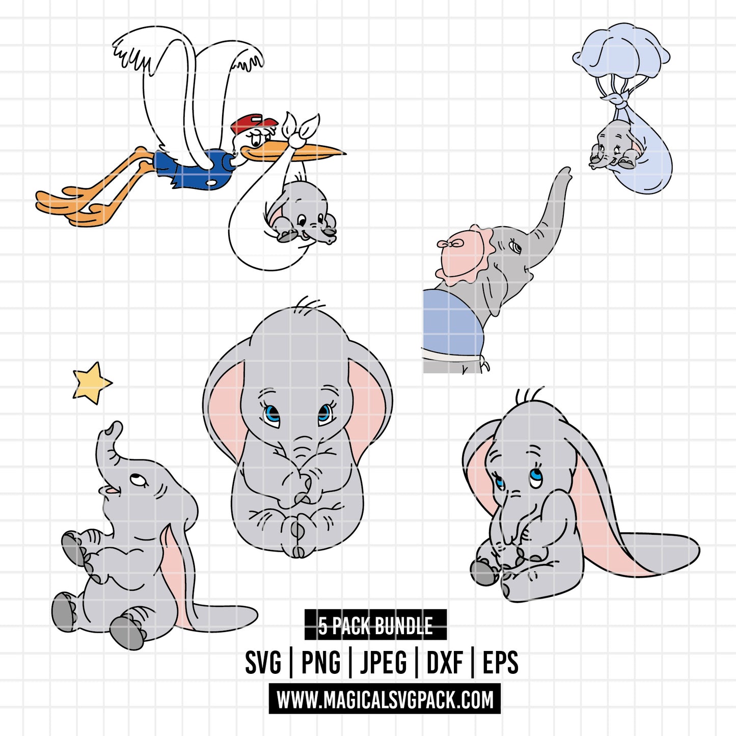COD5192 - Baby Dumbo pack bundle, Disney Classics clipart Svg, Png, Eps, Dxf, Jpeg, vector.