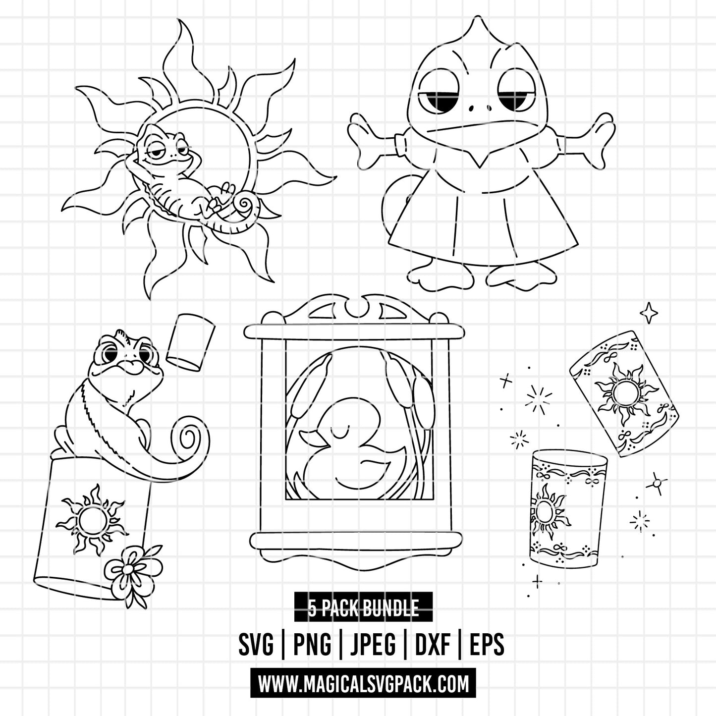 COD5195 - Pascal & Tangled icons line art pack bundle, Disney princess clipart Svg, Png, Eps, Dxf, Jpeg, vector.