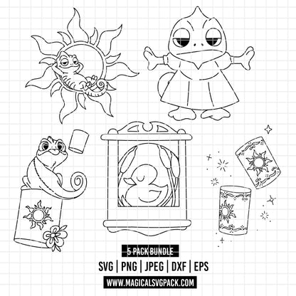 COD5195 - Pascal & Tangled icons line art pack bundle, Disney princess clipart Svg, Png, Eps, Dxf, Jpeg, vector.