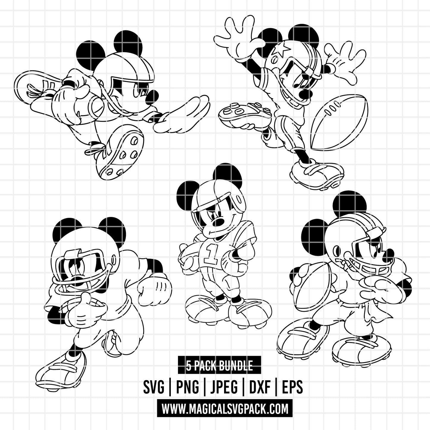 COD5197 - Mickey American Football line art pack bundle, Disney clipart Svg, Png, Eps, Dxf, Jpeg, vector.