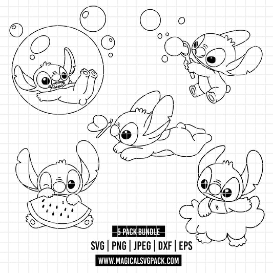 COD5203 - Stitch Summer line art clipart pack bundle, Disney cliparts Svg, Png, Eps, Dxf, Jpeg, vector.